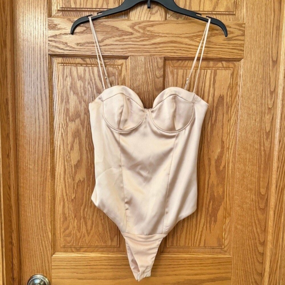 Zara Bustier Bodysuit Womens Size M Nude Beige Satin Thong Underwire